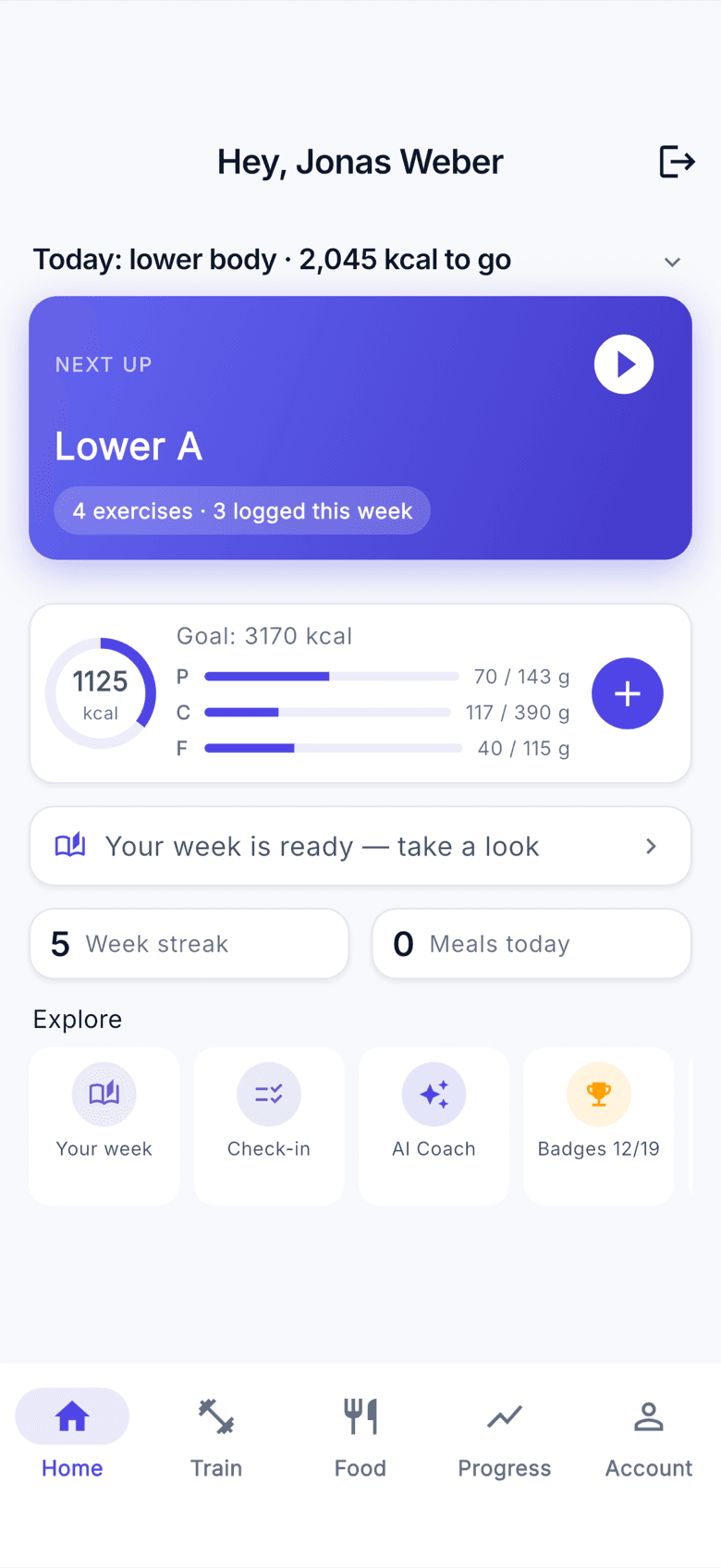 The home screen with today's session