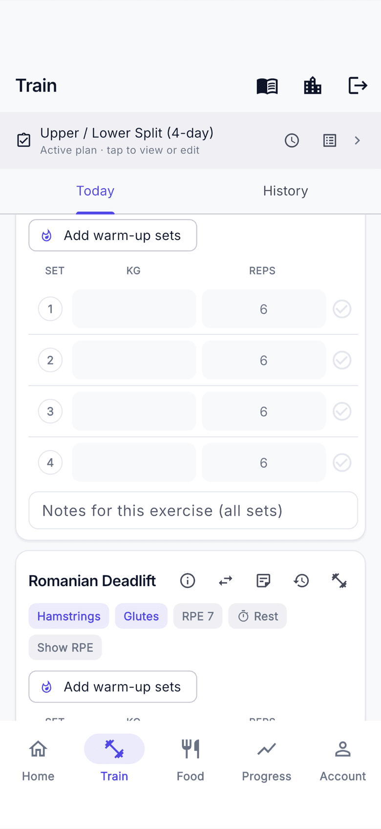 The exercise list with sets
