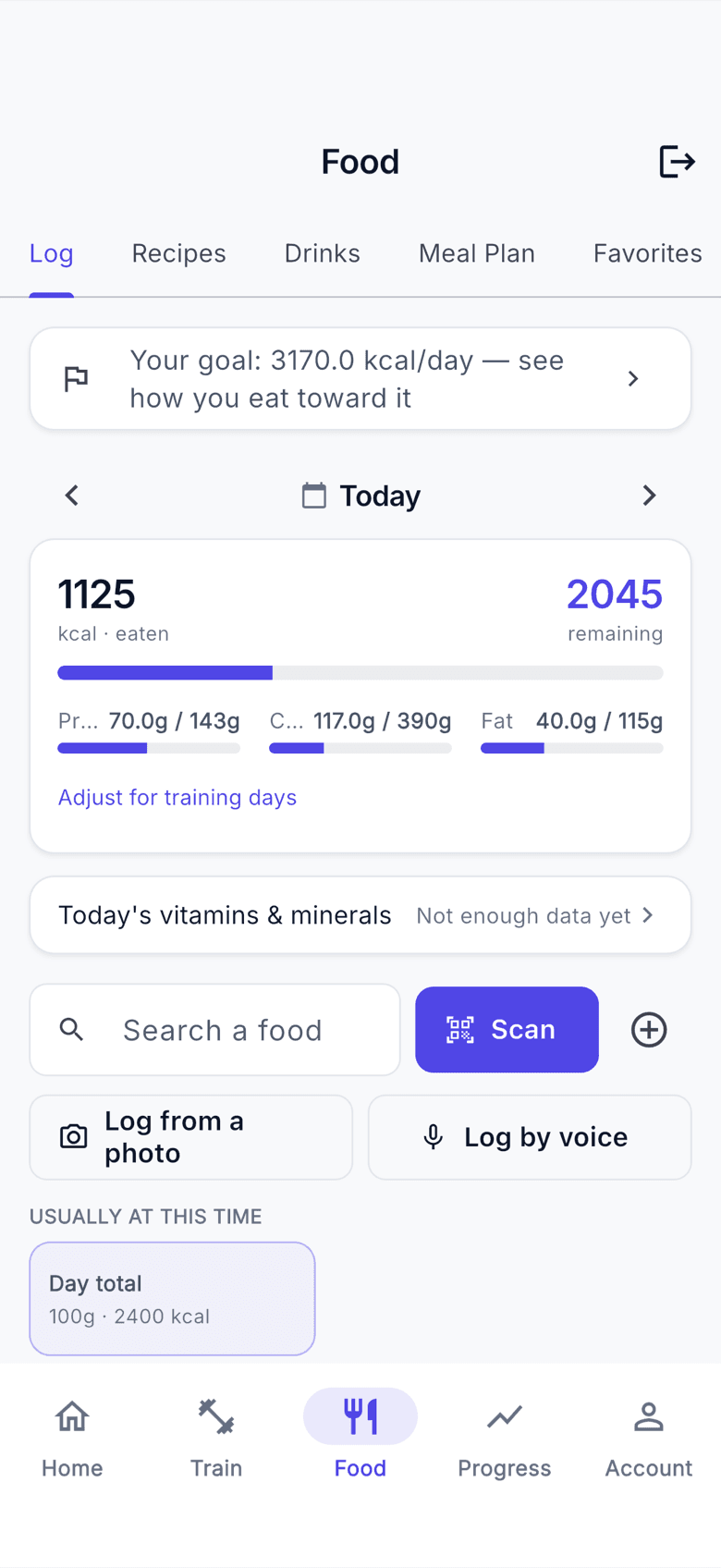 The food log with macro targets